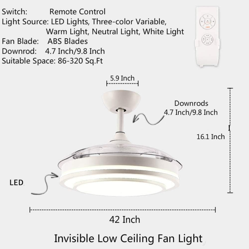 Reversible Retractable Ceiling Fans with LED Light and Remote Control, 42 Inch Invisible Ceiling Fan Chandelier with 4 Clear ABS Blades, Bedroom Fandelier Indoor Ceiling Light Kits with Fans (White)